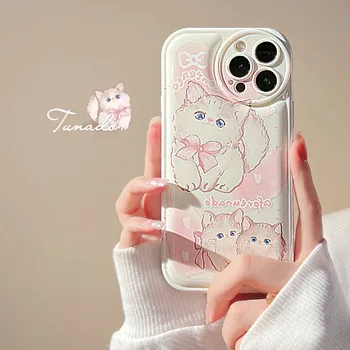 Сладък животински котка бял калъф за телефон за iPhone 13 14 11 12 Pro Max X XR XS Max 7 8 Plus карикатура черупки