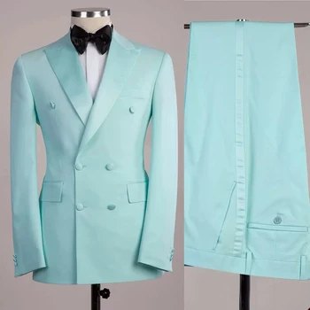 Mint Green Мъжки сватбени смокинги Двуреден мъж Абитуриентско парти Официално облекло Палто комплекти яке и панталони