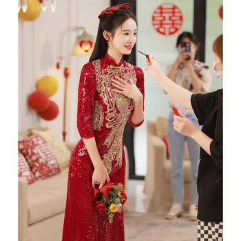 русалка китайски стил Qipao Cheongsam реколта класически мандарин яка китайски рокля секси дантела висока сплит вечерно парти рокля