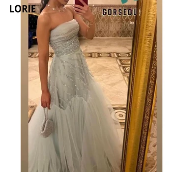 LORIE Сребърен тюл Вечерни рокли 2023 Без презрамки Long A Line Ruched Vestidos De Gala Glitter Beadings Sequins Robes De Soirée