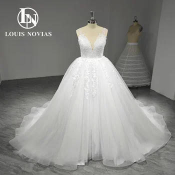 LOUIS NOVIAS A-Line Сватбена рокля 2024 Extquisite V-образно деколте мъниста Real Photo Button Сватбена рокля без ръкави Vestidos De Novia