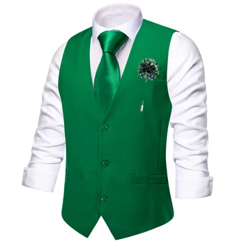 Hi-Tie копринени мъжки жилетки официални маслинено зелени тънък жилетка врата вратовръзка ханки копчета за ръкавели брошка комплект за мъже костюм сватбено парти дизайнер