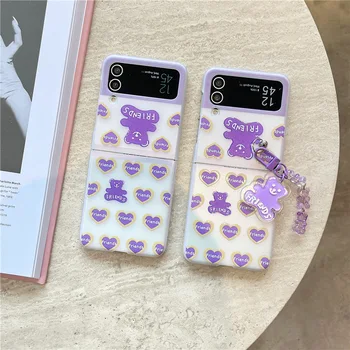 Cartoon Purple Love Heart Bear Phone Case за Samsung Galaxy Z Flip 4 3 Твърда корица за ZFlip3 Zflip4 Solid Shell Bracket