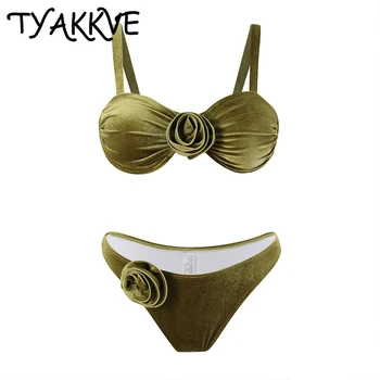 TYAKKVE Micro Bikini Дамски бански костюми Нови 2024 Секси 3D цвете тласък нагоре бикини комплект бански плажно облекло 2-парче бански костюм прашки
