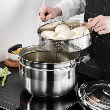 22cm 24cm Двойна неръждаема стомана храна параход Pot супа пара тенджера готвене съдове за готвене кухненски инструменти за индукционна готварска печка