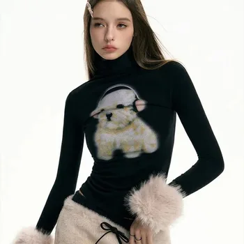 y2k Hot Girl Dog Print пуловер за жени Ретро Поло дъно ризи женски есен зима тънък годни плюшени маншет плетени върхове