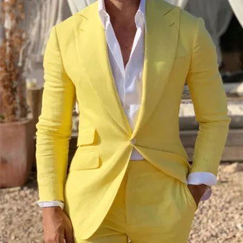 Мъжки костюм жълт 2 парчета твърд тънък официален бизнес случайни за сватба младоженец парти банкет рокля комплект яке с панталони