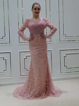 Rose Pink русалка вечерни рокли илюзия дълъг ръкав дантела апликация мъниста отвесни O-образно деколте арабски бала рокля Booma