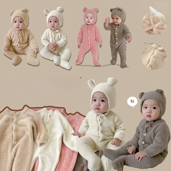 Зимно новородено бебе плюшено боди бутон гащеризон карикатура мечка качулки момче момиче гащеризон близнаци дрехи корейска версия