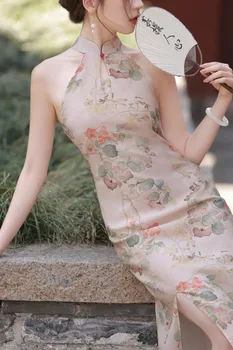 Секси без ръкави Сплит Qipao китайски жени капка яка Cheongsam дневна рокля