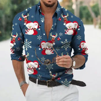 Мъжки празнични ризи Коледа Нова карикатура отпечатани бутон нагоре ревера ризи мъже случайни мода дълъг ръкав блуза Коледа парти отгоре