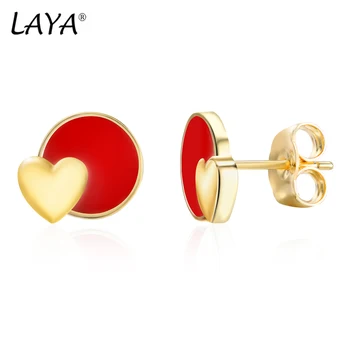 Laya Сребърни кръгли обеци с форма на сърце за жени 925 стерлинги сребро прост дизайн червен серьги фини бижута ръчно изработен емайл