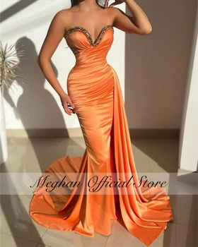 Луксозна оранжева скъпа вечерна рокля с мъниста плисета принцеса дълги абитуриентски рокли с опашка рожден ден рокля халат де бал