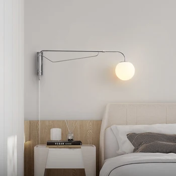 Модерни LED рокер рамо стенни лампи спалня нощно шкафче четене стена светлина прибиращ се млечно бяло стъкло балон лампа сребро
