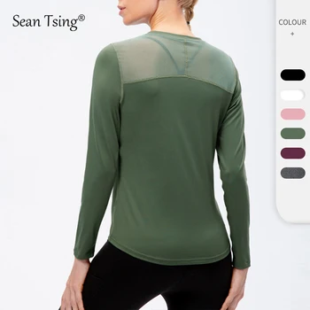Sean Tsing® Mesh Splice ризи Жени дълъг ръкав бързо сухо дишащо спорт фитнес еластични върхове тичане йога случайни хлабав тройници