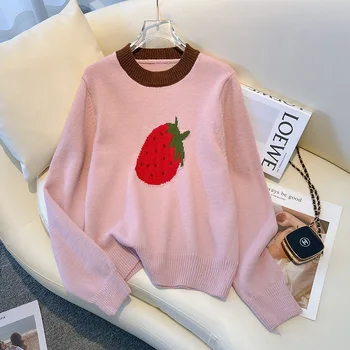 2022 Нова есен зима жени хлабав пуловер пуловер високо качество сладък ягода жакард трикотажен пуловер