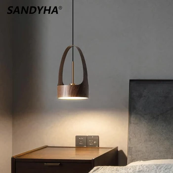 Модерна висулка светлина скандинавско изкуство имитация дърво зърно малък полилей модерен прост нощно шкафче Led лампа за трапезария спалня