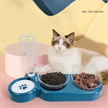 Котешко хранилка Автоматична купа за кучешка котешка храна с фонтан за вода Двойна купа за пиене Повдигната стойка за чинии Дозатор за храна за котки