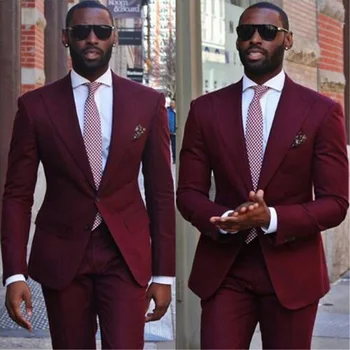 New Arrival Wine Red Men Suits 2 броя (Jacket Pant Tie) Висококачествен Slim Fit Blazer Дрехи Мода Официален Абитуриентски бал Terno Formal
