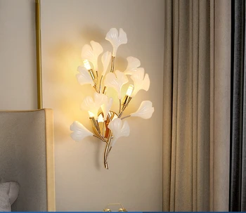 Стенна лампа спалня нощна лампа творческо изкуство гинко листа хол фон стена LED светлина луксозен коридор лампи