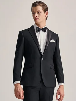 Мъжки костюми комплект Blazer Pant Single 1 бутон Сватба младоженец Groomsman Bridesman Носете черен тънък годни абитуриентски парти домакин нормално облекло