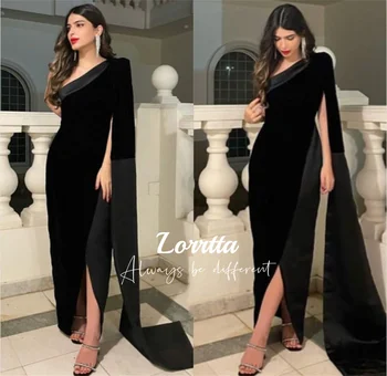 Lorrtta Side Slit русалка пола черен ръкав едно рамо Саудитска Арабия Еласт-кадифе сатенена рокля за сватбено тържество рокли за бала