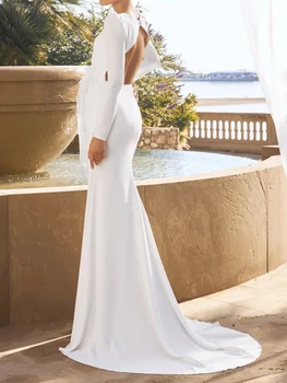 Сватбена рокля за жени Бяло V-образно деколте дълъг ръкав без гръб Тромпет/русалка с цветя Елегантна парти вечер 2023