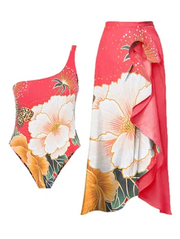 Едно рамо цветен печат плажни тоалети 2023 мода жени бански летни едно парче бански костюми за къпане ваканция секси / нов