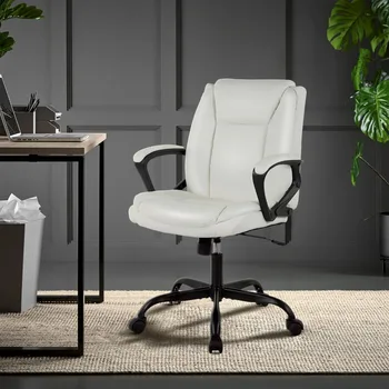  офис стол, PU кожен работен стол с търкаляща се и въртяща се облегалка, компютърен стол с лумбална опора и регулируеми подлакътници