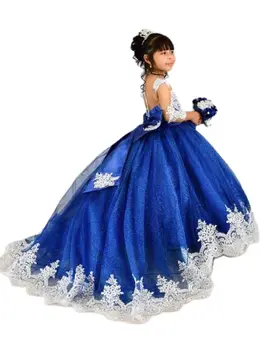 лъскав тюл дантела апликация цвете момиче рокля изискан парти деца рожден ден лък принцеса FLoor дължина рокли