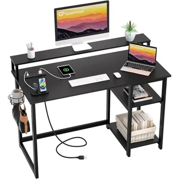 GreenForest компютърно бюро с USB порт за зареждане и електрически контакт, реверсивно бюро за домашен офис със стойка за монитор и съхранение.