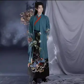 Blue Hanfu за мъжка бродерия отпечатани Песен стил китайски стил студенти дневен клас изпълнение Chines традиционна рокля