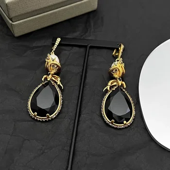 Нова гореща марка модни бижута за жени позлатени парти черни прозрачни кристал капка обеци реколта луксозен пънк дизайн