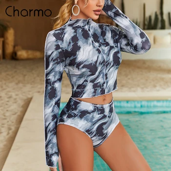 Charmo Дамски комплект от две части Бански с дълги ръкави Комплект Rash Guard Y2K мода бански костюми UV защита бански костюми