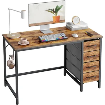 Компютърно бюро, бюро за домашен офис с 4 чекмеджета и място за съхранение, модерно бюро за кабинет, компютърно бюро