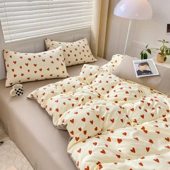 корейски стил спално бельо комплект червено сърце двойна кралица размер пухени покритие плосък лист калъфка легло бельо деца възрастни мода домашен текстил