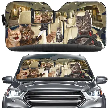 Selfie Cat Couple Sunshade Tabby Cat Driver Предно стъкло Сенник за кола, Забавен Удивителен Pet Cat Auto Front Window Shade Visor Co