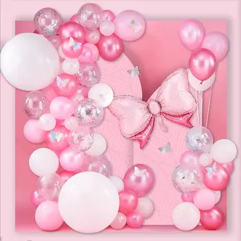 107PCS балон венец арка комплект розов парти декорация розов балон венец арка лък фолио балони за момичета рожден ден бебе душ