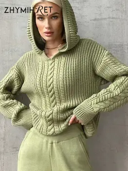 ZHYMIHRET Y2K качулка пуловер пълен ръкав трикотаж есен зима корейска мода дебели дамски пуловери 2023