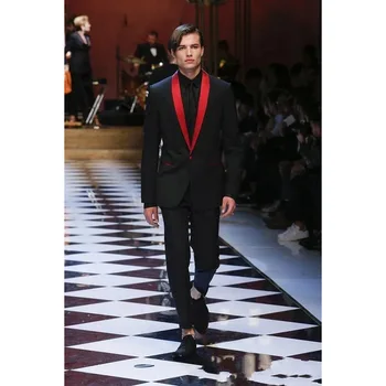 Разкошен черен мъжки костюми червен шал ревера еднореден луксозен 2 парче яке панталони елегантен пълен комплект костюм Hombre Terno