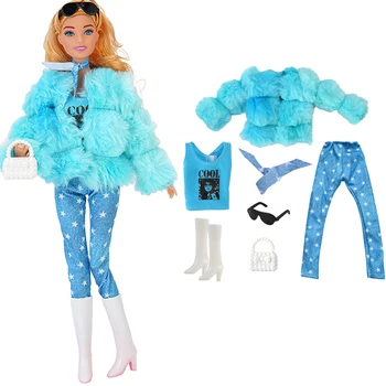 7 Items/ Комплект зимни дрехи за кукла Барби синьо плюшено палто риза панталони обувки аксесоари за 1/6 кукла дрехи подарък играчки