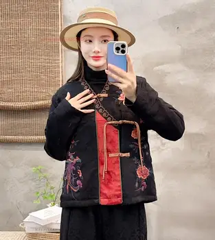 2024 национална цветна бродерия ханфу палто китайски реколта памук подплатени яке традиционен tang костюм ретро сгъсти топло палто
