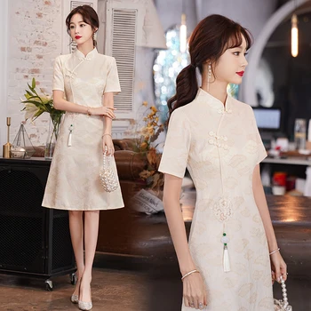 Стойка яка къс ръкав ретро подобрена Cheongsam китайски традиционен модерен Qipao дантела рокля CNY