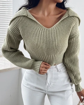 Дамска мода Turn Down яка Crop плетен пуловер пролет есен случайни обикновен дълъг ръкав дневни пуловери пуловер нов 2024