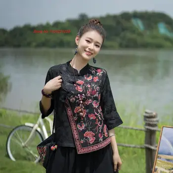 2024 китайски реколта блуза жени tang костюм ориенталски цвете бродерия qipao традиционен сатен жакард китайски ретро блуза