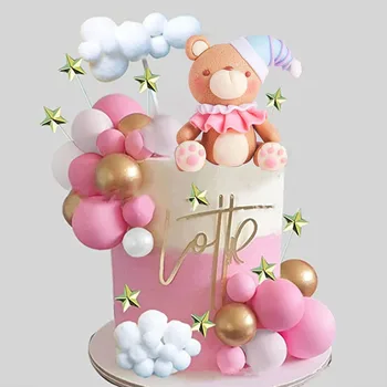 Pink Bear Metal Ball Cloud Cake Topper Happy Little Bear Theme Birthday Party Decor Kids Favor Pink Bear Cake Decor Baby Shower