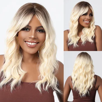 Дълга вода вълнообразна синтетична перука с бретон за черни жени жълта блондинка златист кафяв естествено изглеждащи перуки коса топлоустойчиви