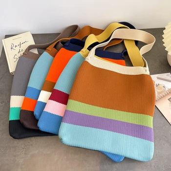 Дамски плетени раирани рамо чанта женски тъкани Crossbody чанта голям капацитет купувач чанта ретро дъга съхранение чанта