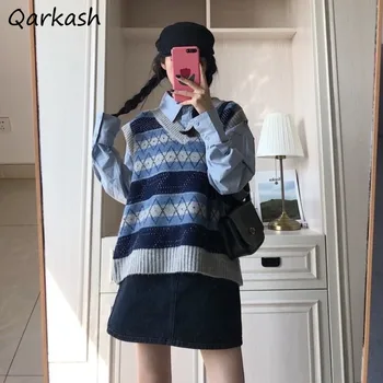 Реколта жилетки жени хлабав Preppy стил плетене мода сладък корейски всички мач Y2k Harajuku пуловер Sofy Argyle шик