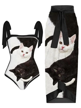 Модни дамски бански костюми едно парче бяла котка и черна котка животински печат бикини със сладка мода и дълго покритие каишка дизайн